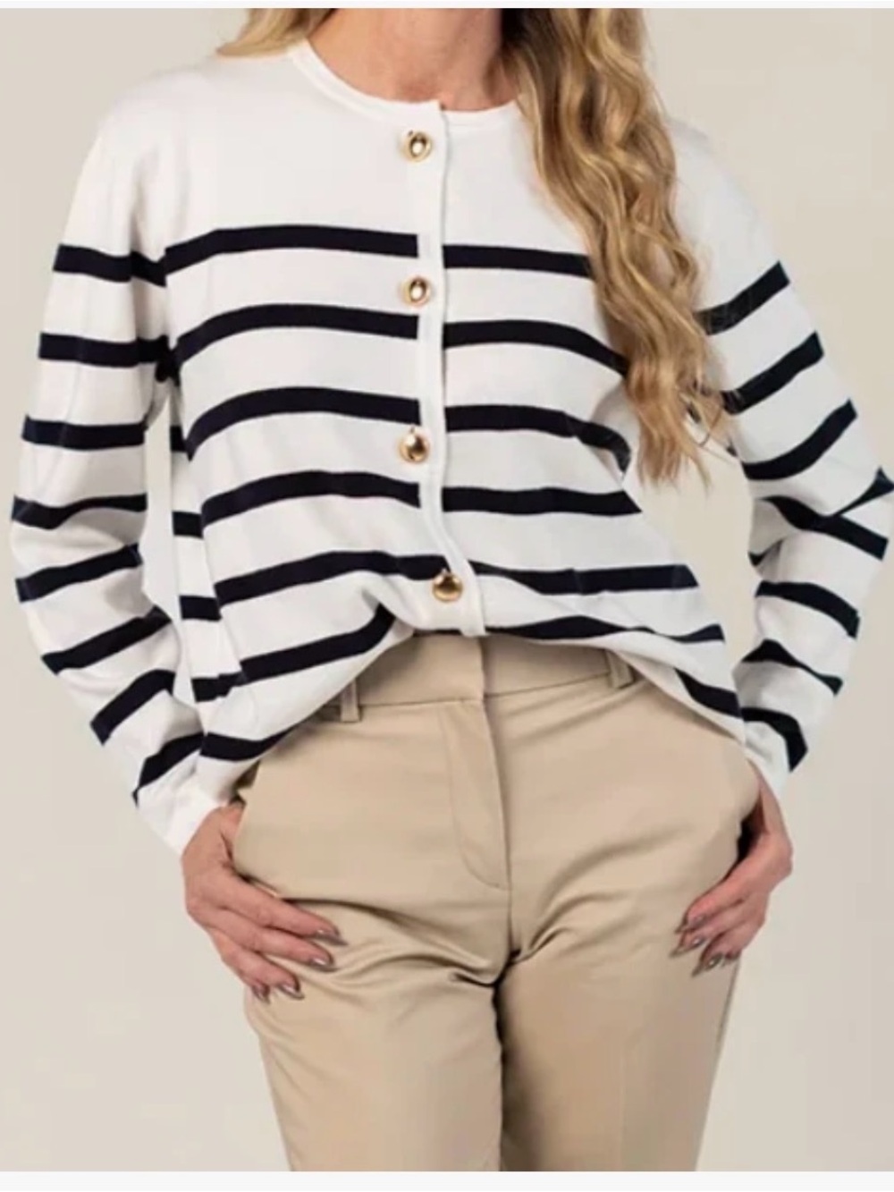 Smash + Tess Jilly Box Cream Cardigan with Black Stripes and Gold Buttons